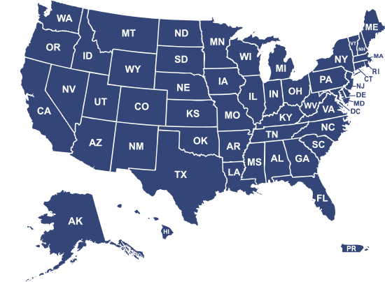 United States (US) map in navy and white text identifying the different states.