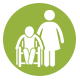 Icon of a person standing and a person in a wheelchair in a lime green background.